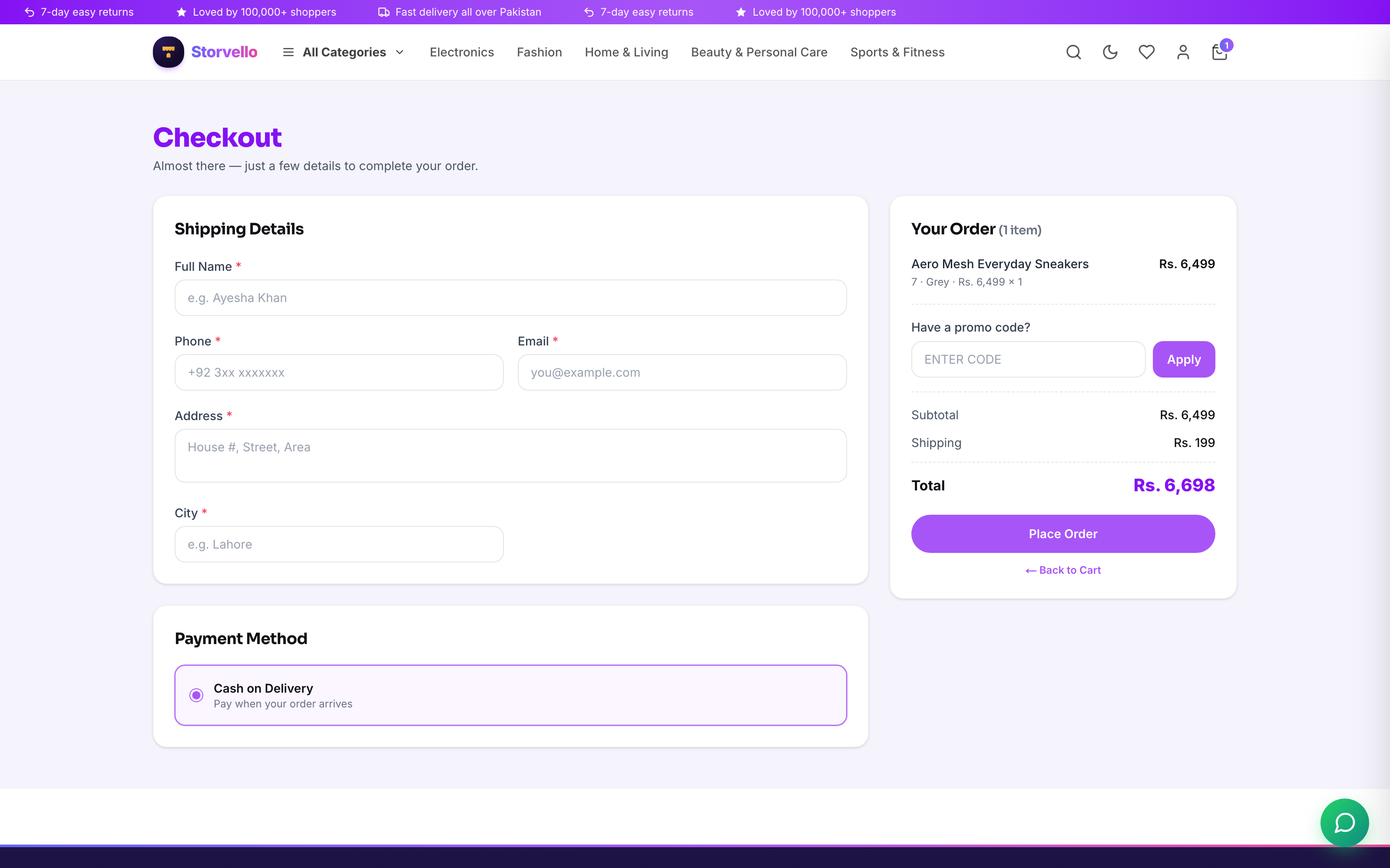Checkout — customer fills the order form, COD built in