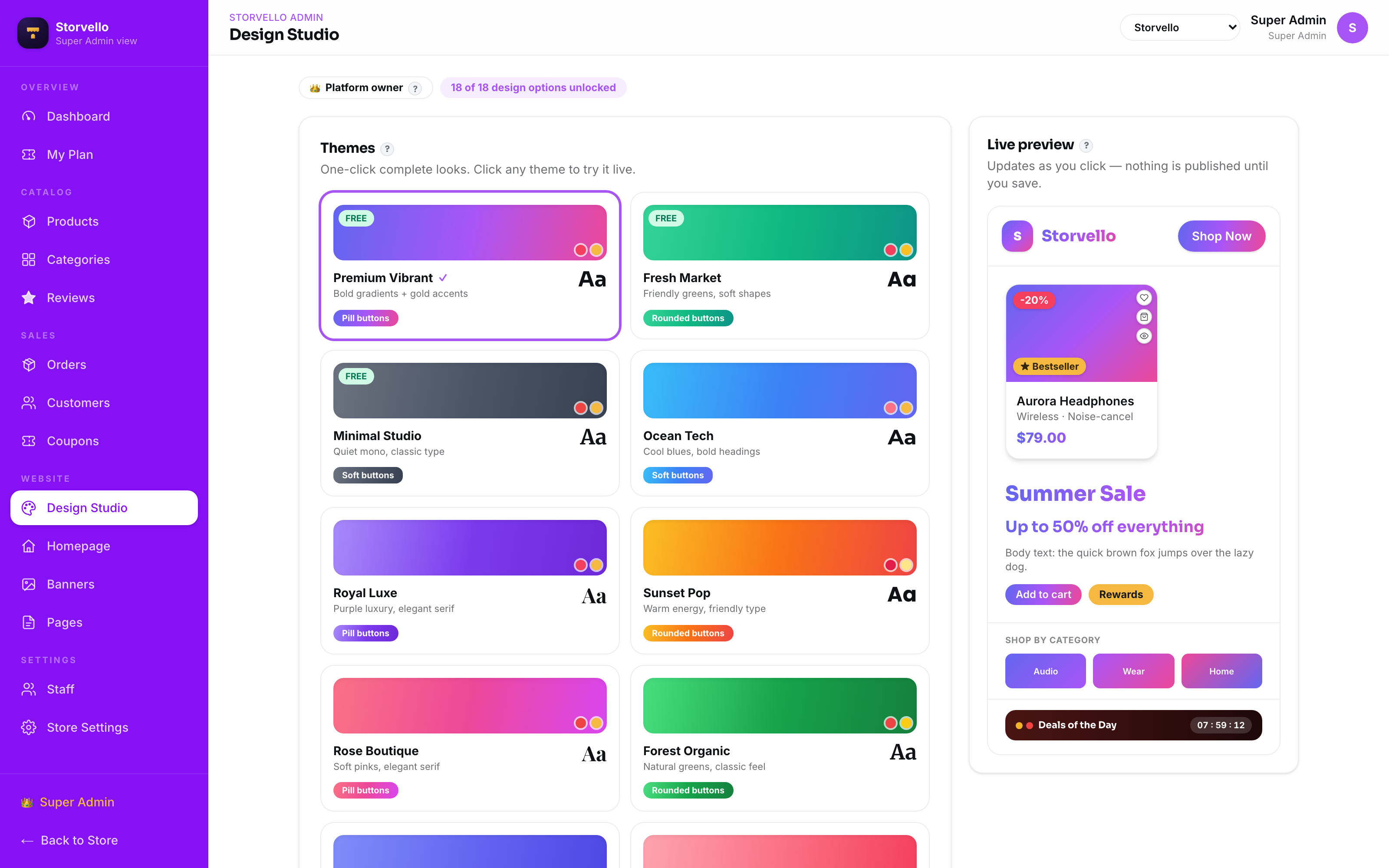 Design Studio — one-click themes with live preview