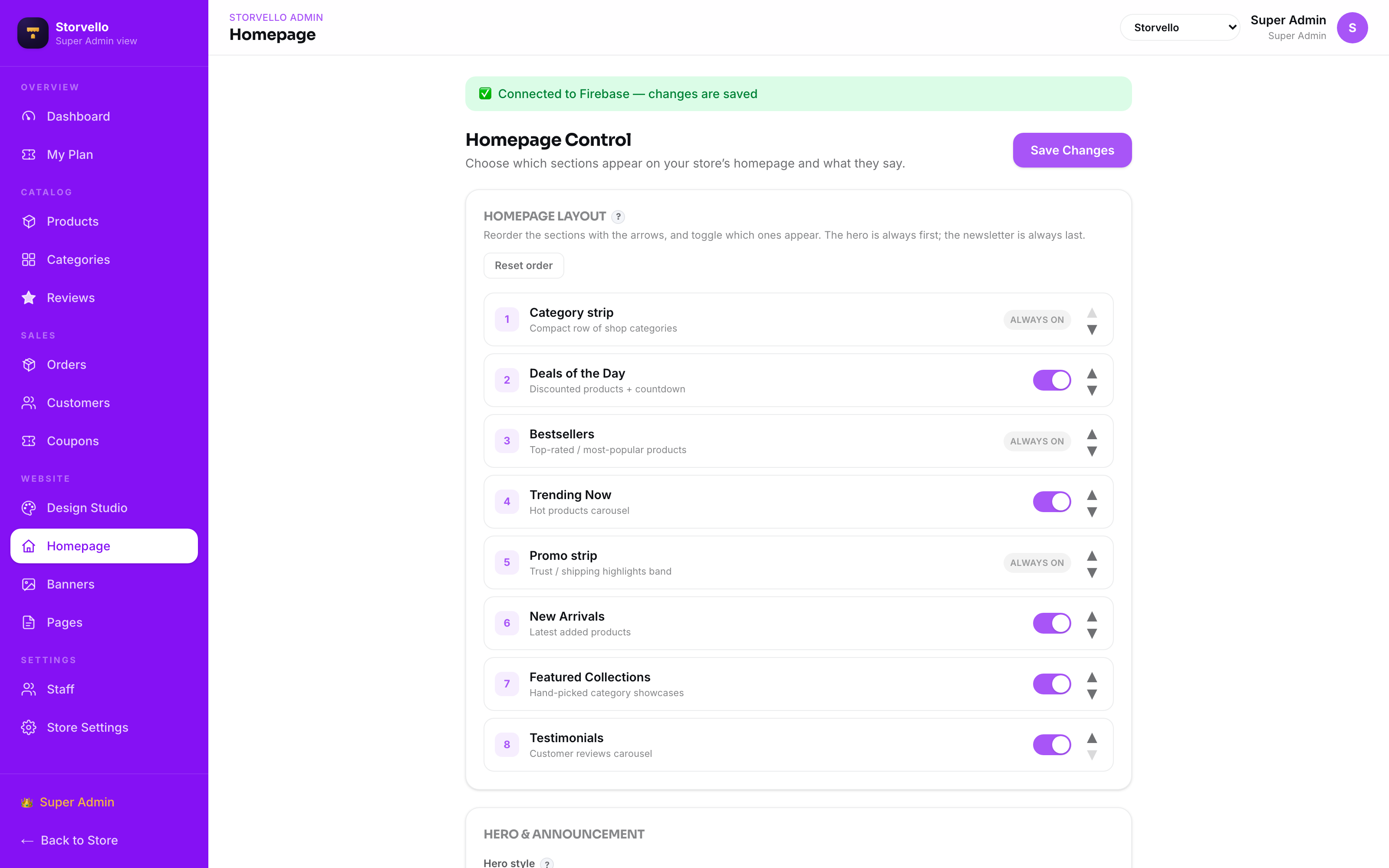 Homepage builder — arrange sections, toggle anything