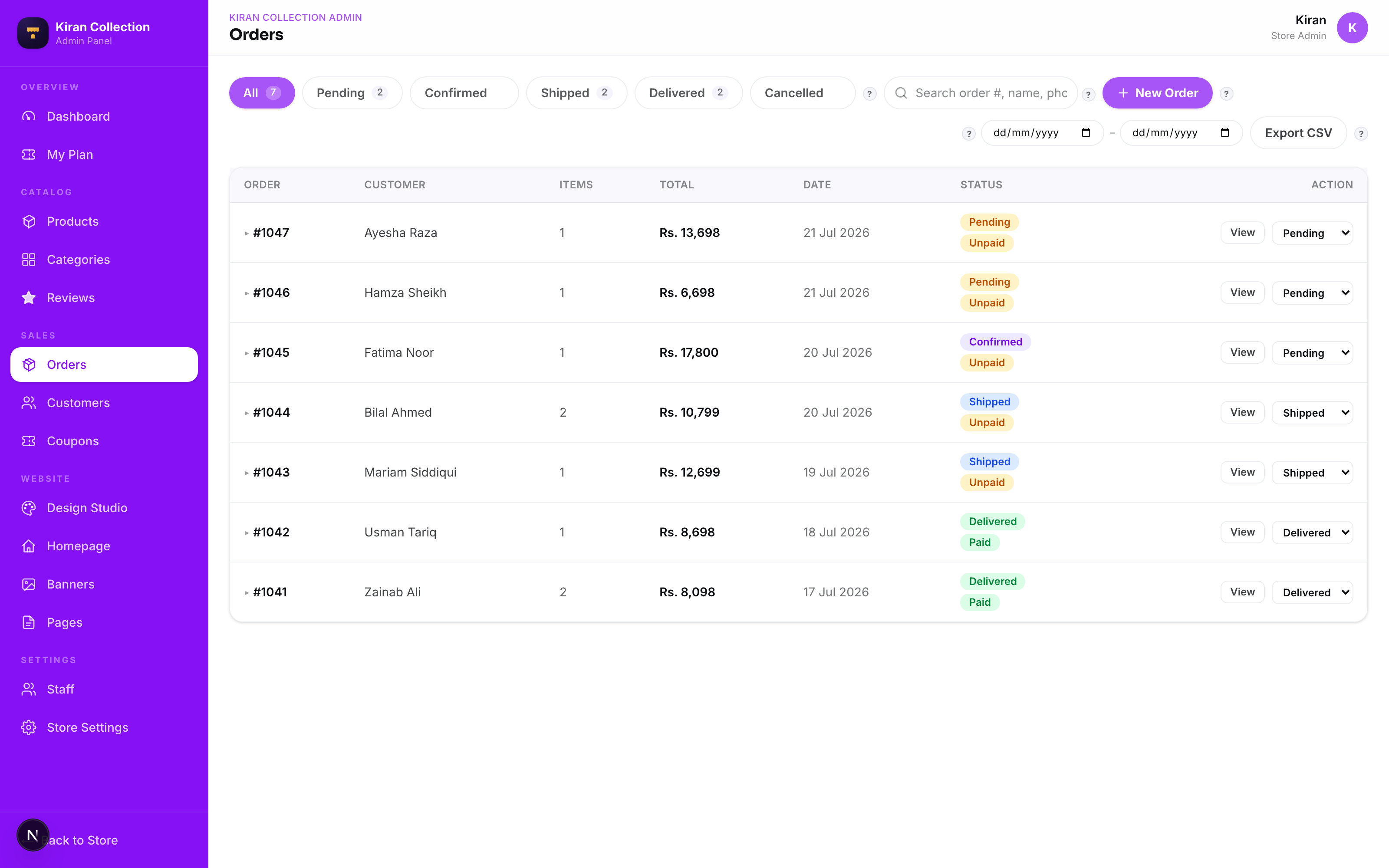 Orders — every order tracked from Pending to Delivered