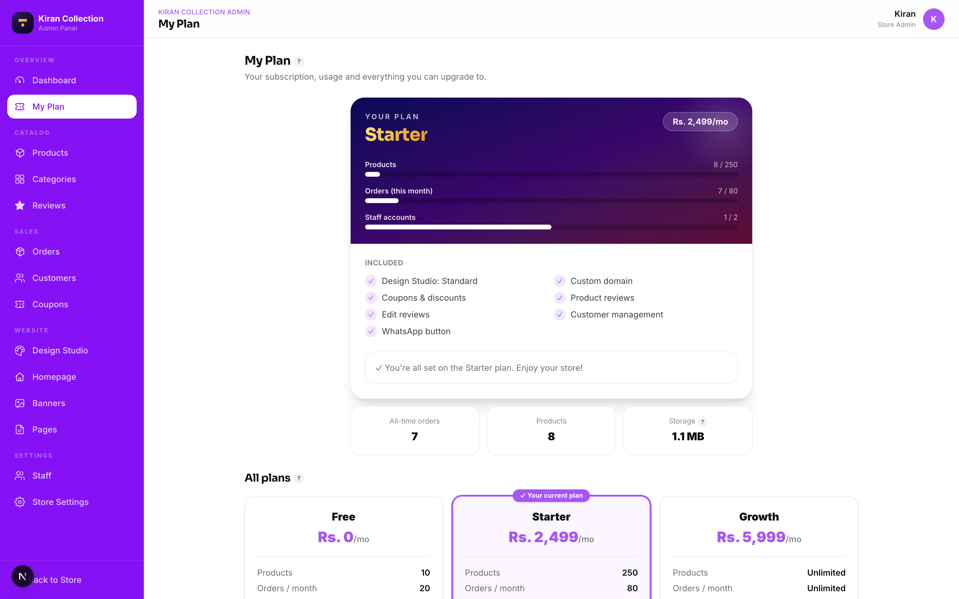 My Plan — transparent usage & pricing in rupees