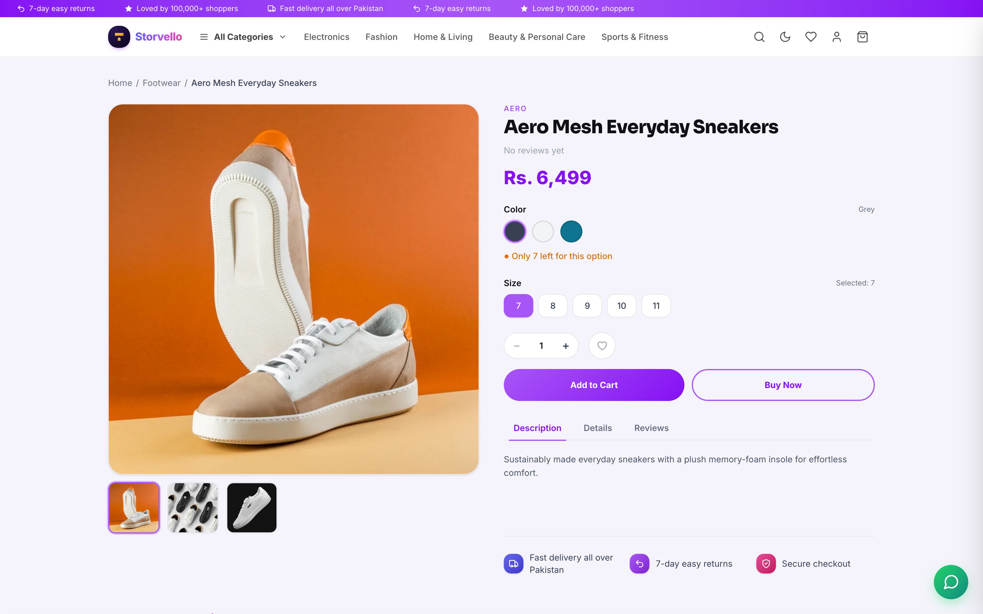 Product page — customer picks size & color, sees live stock