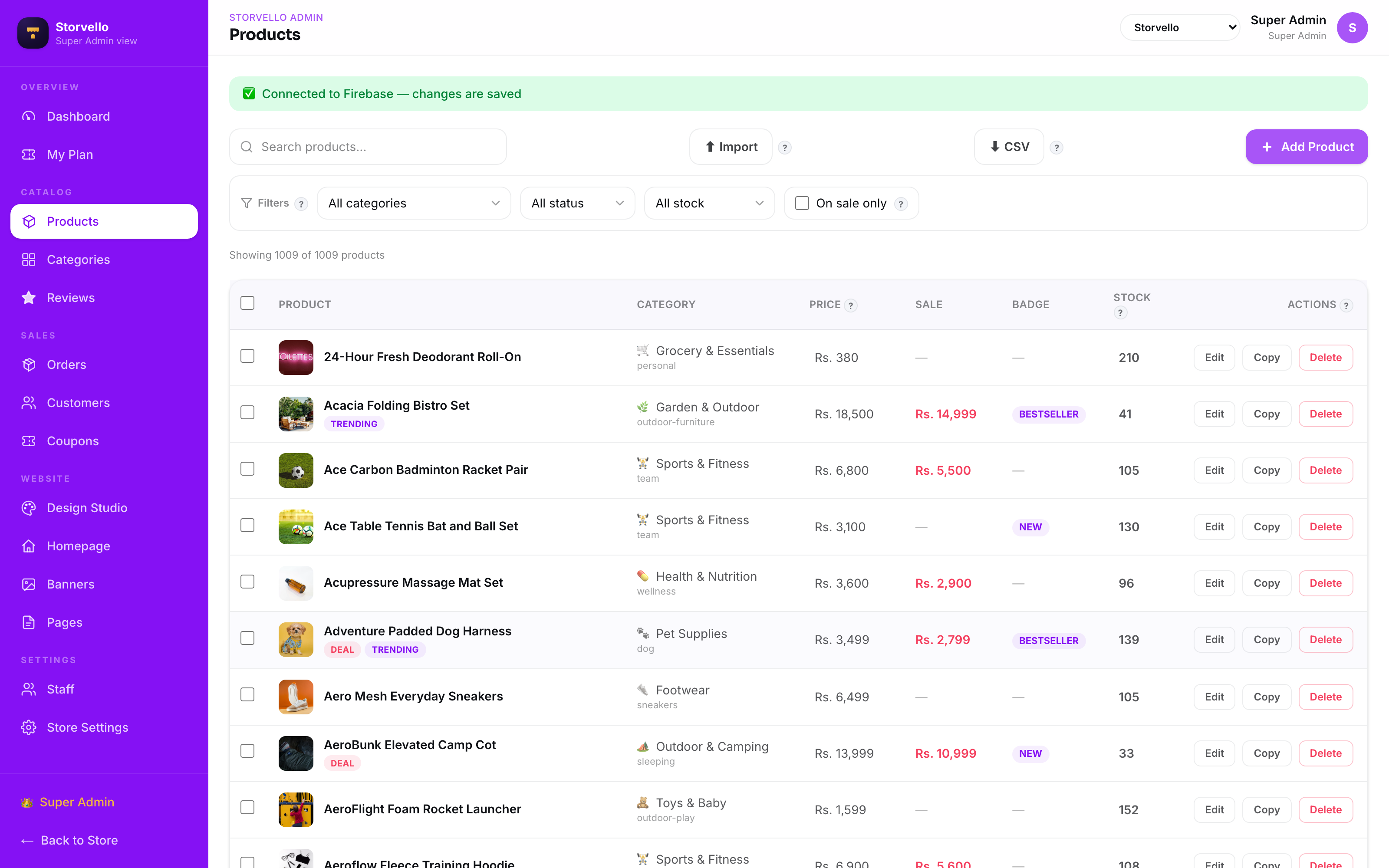 Products — your full catalog, stock & sale prices